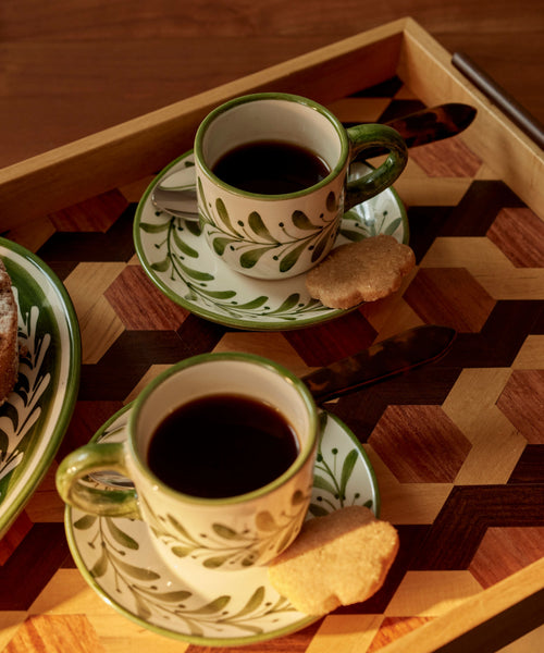 Fern Green Helecho espresso cup with freehand fern wreath, hand-painted ceramic
