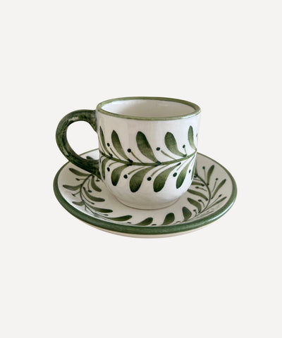 Helecho Coffee Cup in Fern Green — hand-painted fern wreath ceramic with matching saucer, Carmen del Viboral, Colombia