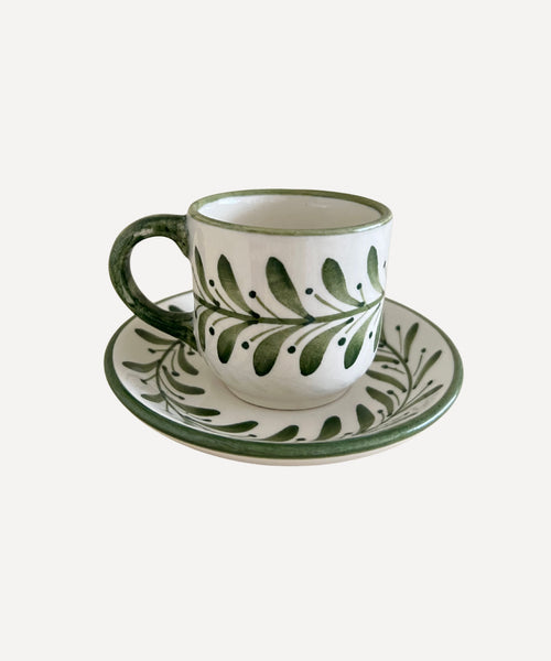 Helecho Coffee Cup in Fern Green — hand-painted fern wreath ceramic with matching saucer, Carmen del Viboral, Colombia