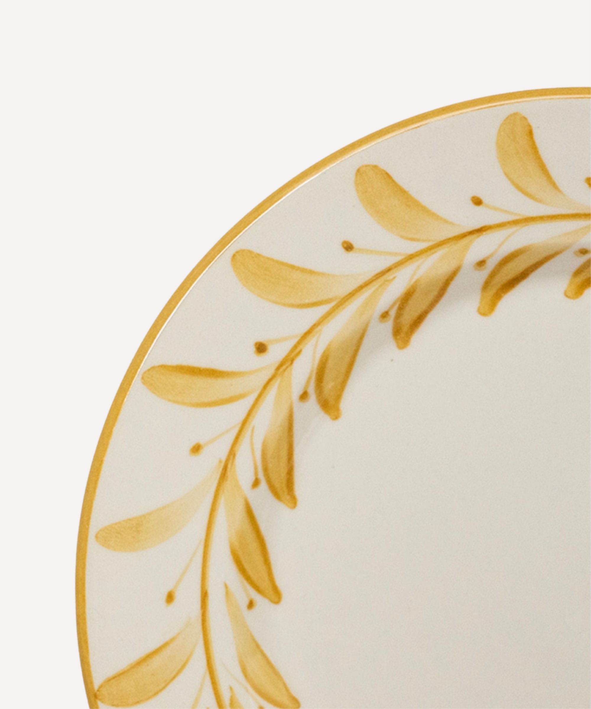 Helecho Side Plate Golden Yellow detail — freehand botanical fern motif, Carmen del Viboral