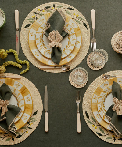 Helecho Side Plate Golden Yellow tablescape — joyful hand-painted Colombian ceramic