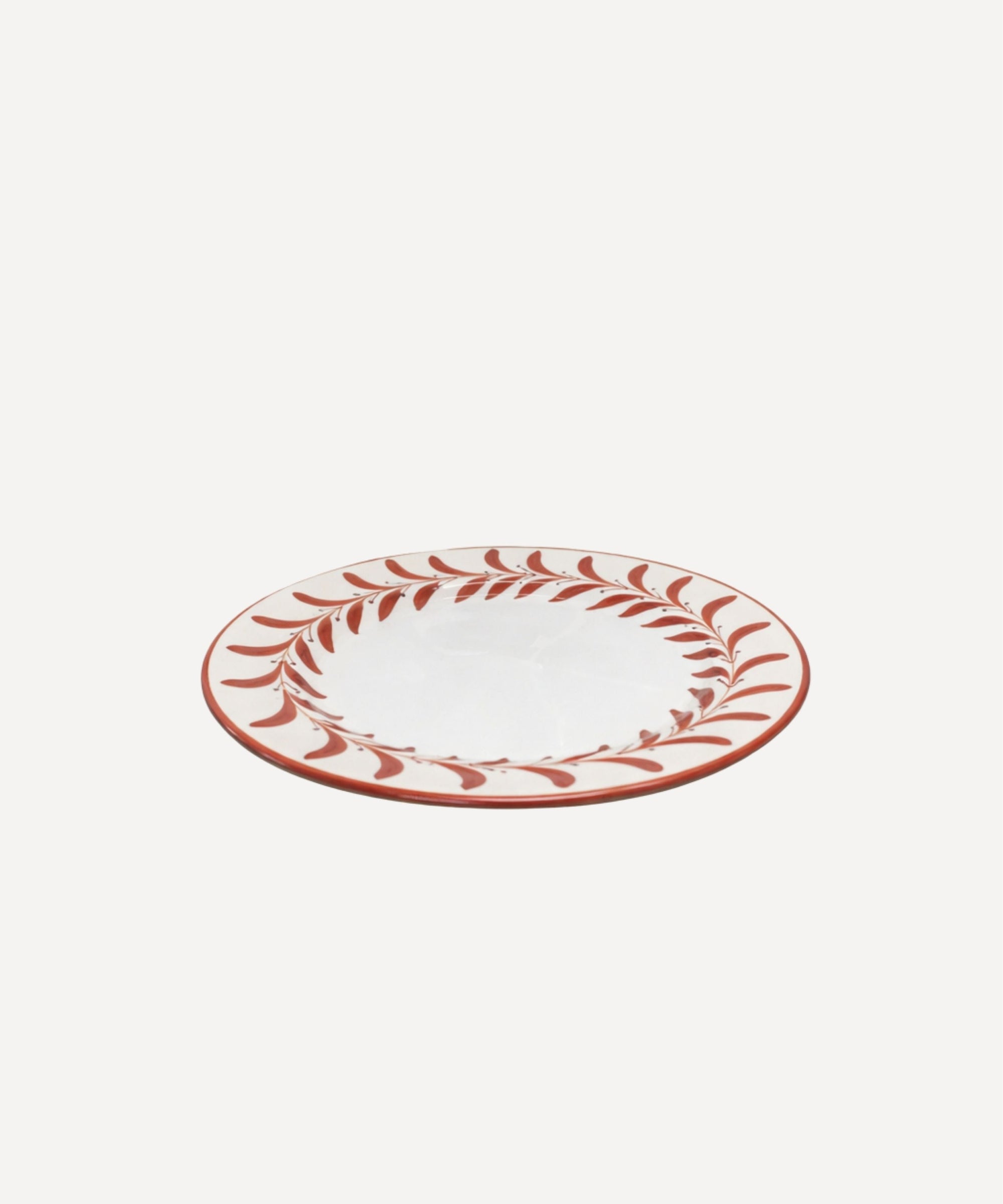 Helecho Side Plate Rust Red detail — freehand botanical fern motif, Carmen del Viboral