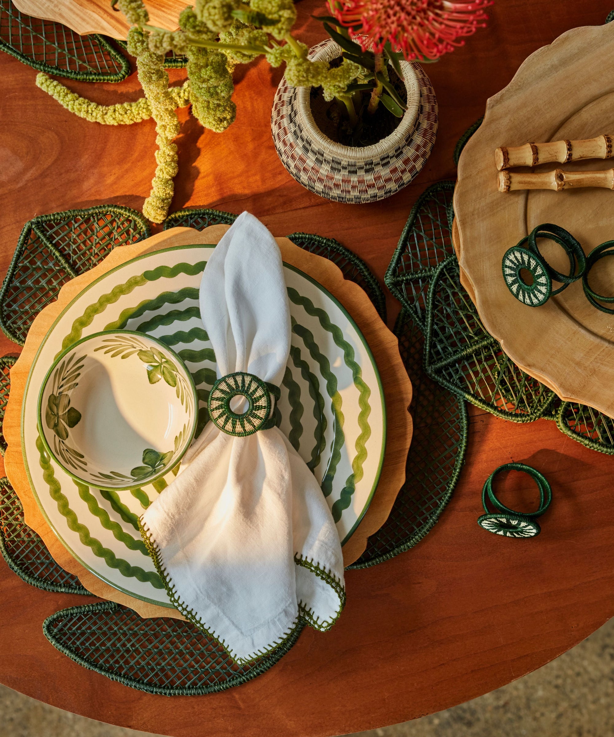 Ondas Side Plate in Fern Green, rippled ceramic — on a table setting