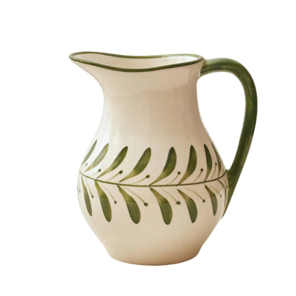 Helecho Jug in Fern Green — hand-painted fern wreath ceramic, Carmen del Viboral, Colombia