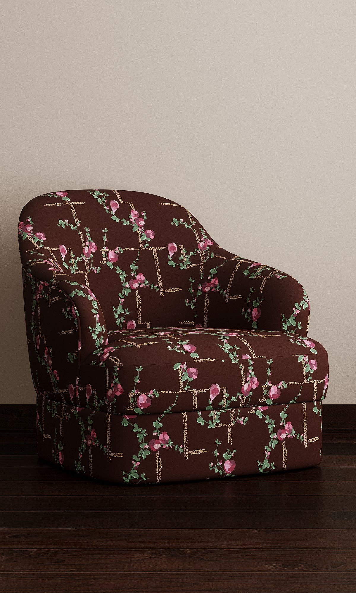 Dark floral-patterned armchair on a plain background.