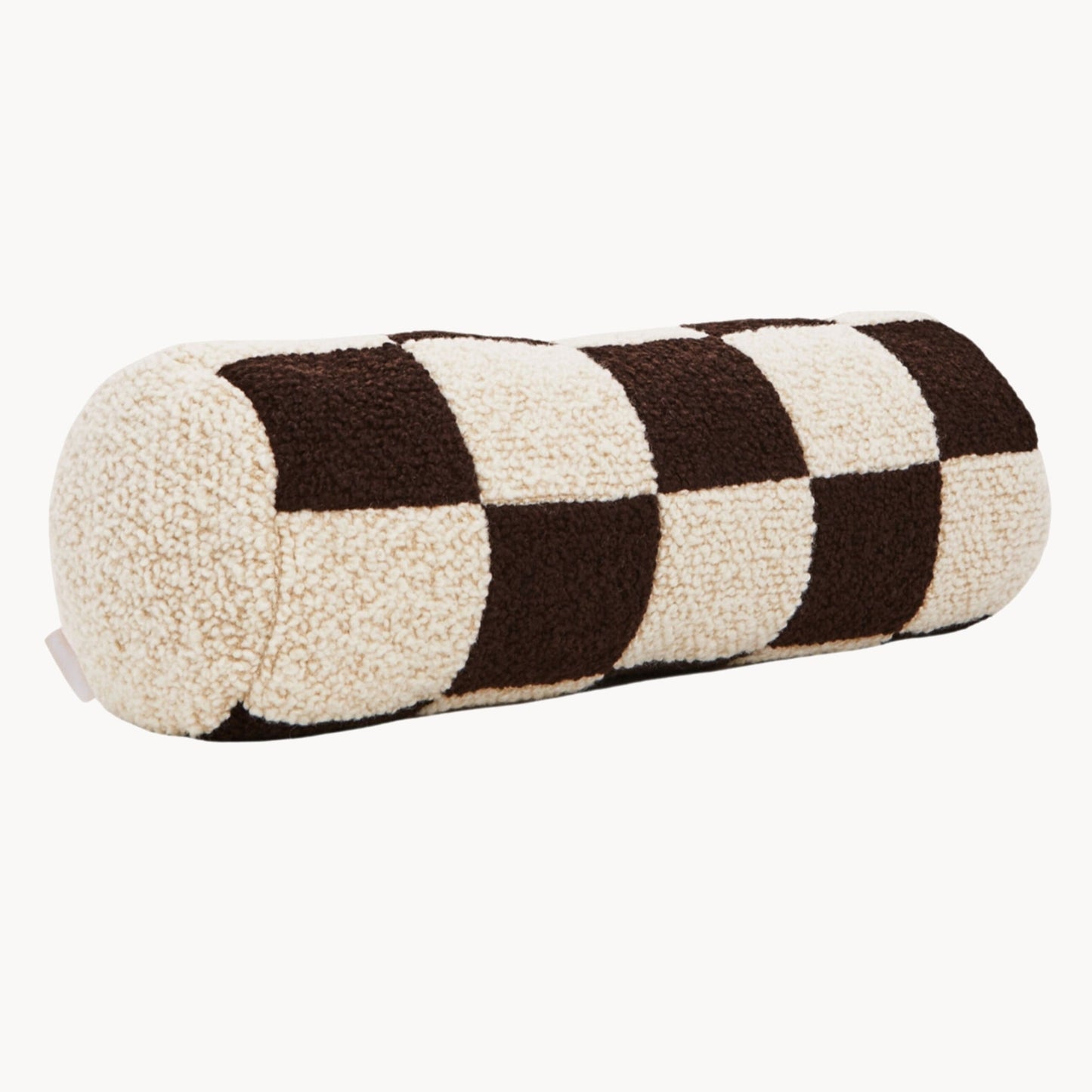 Cream and brown wool bouclé checkered bolster cushion - handmade in UK