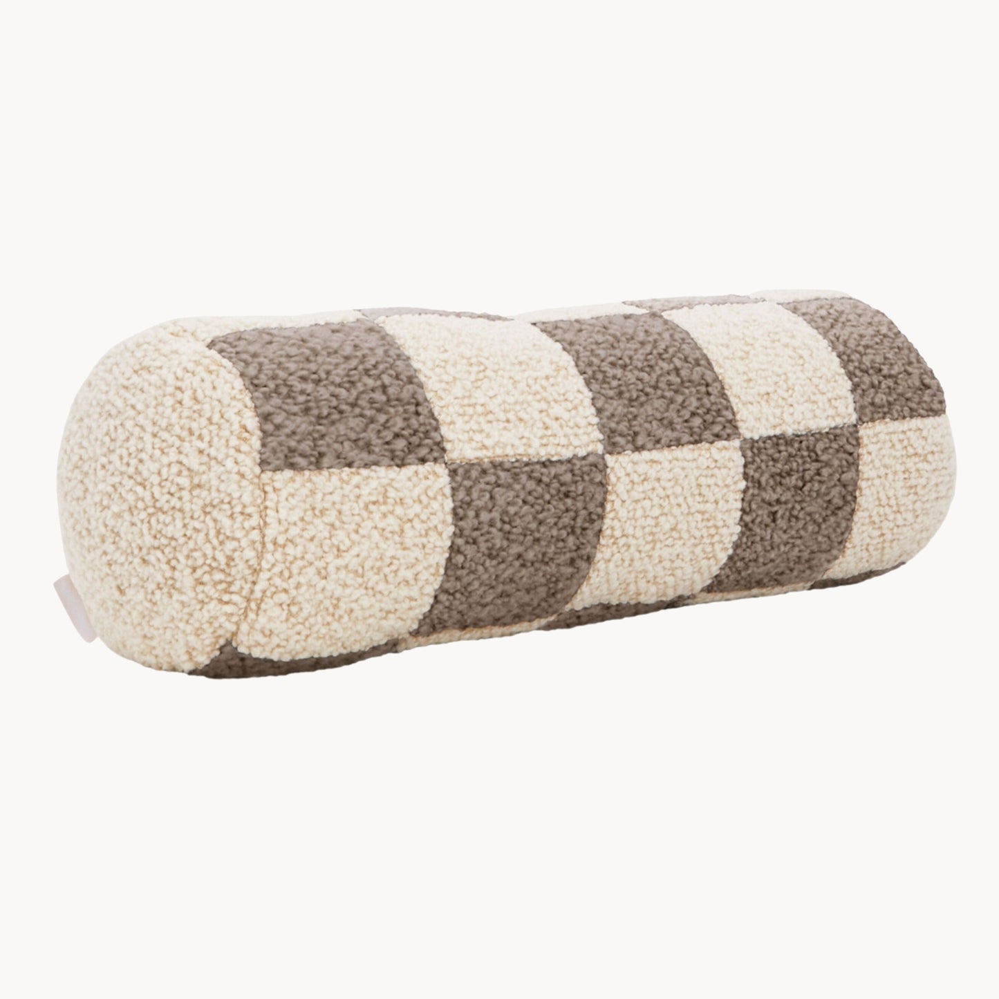 Cream and beige wool bouclé checkered bolster cushion - handmade in UK