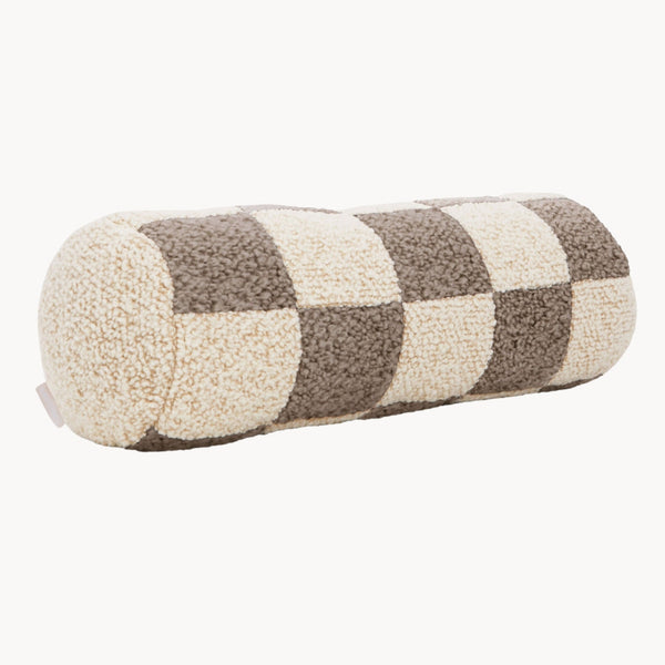 Cream and beige wool bouclé checkered bolster cushion - handmade in UK