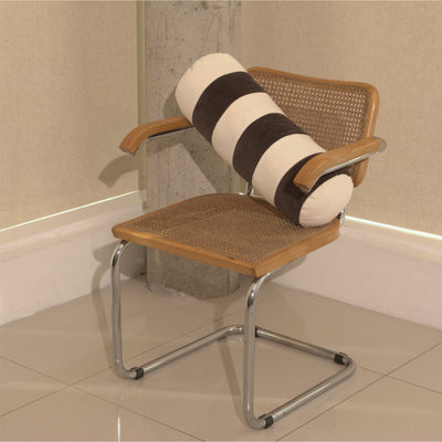 Cream and brown cotton corduroy striped bolster cushion on chair - handmade in UK
