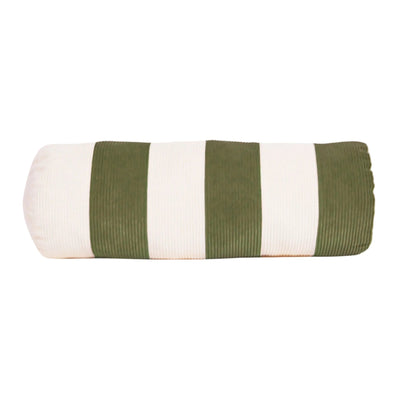 Cream and green cotton corduroy striped bolster cushion - handmade in UK