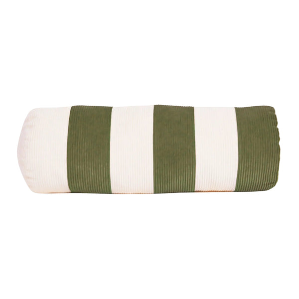 Cream and green cotton corduroy striped bolster cushion - handmade in UK