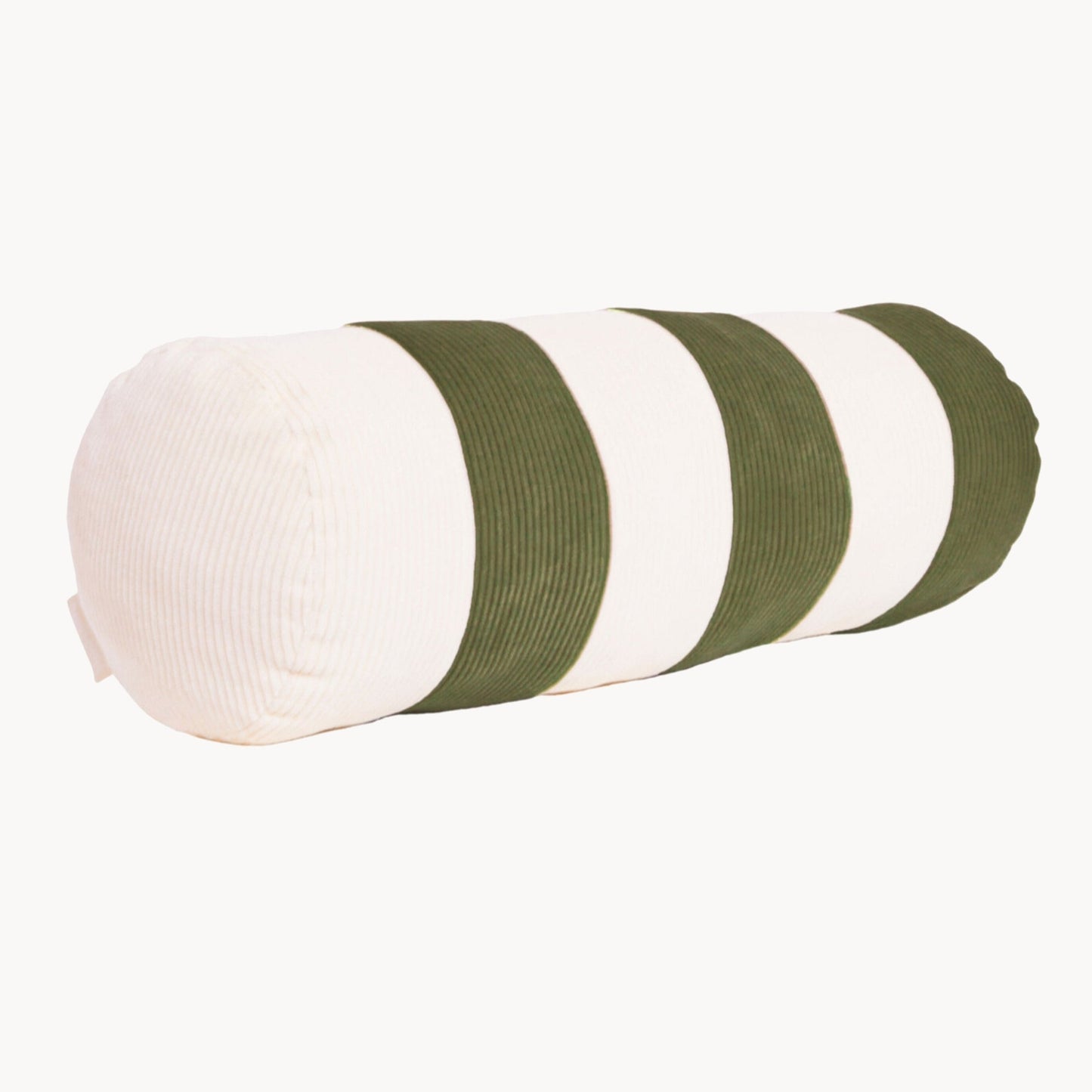 Cream and green cotton corduroy striped bolster cushion - handmade in UK
