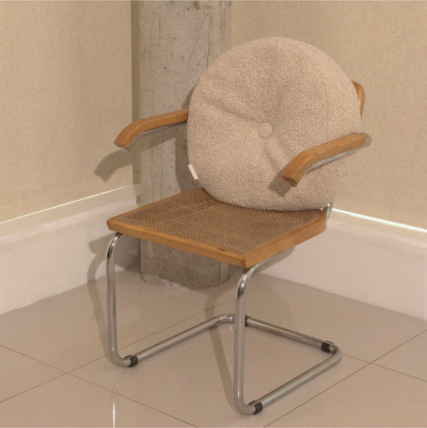 Cream wool bouclé round cushion - handmade in UK