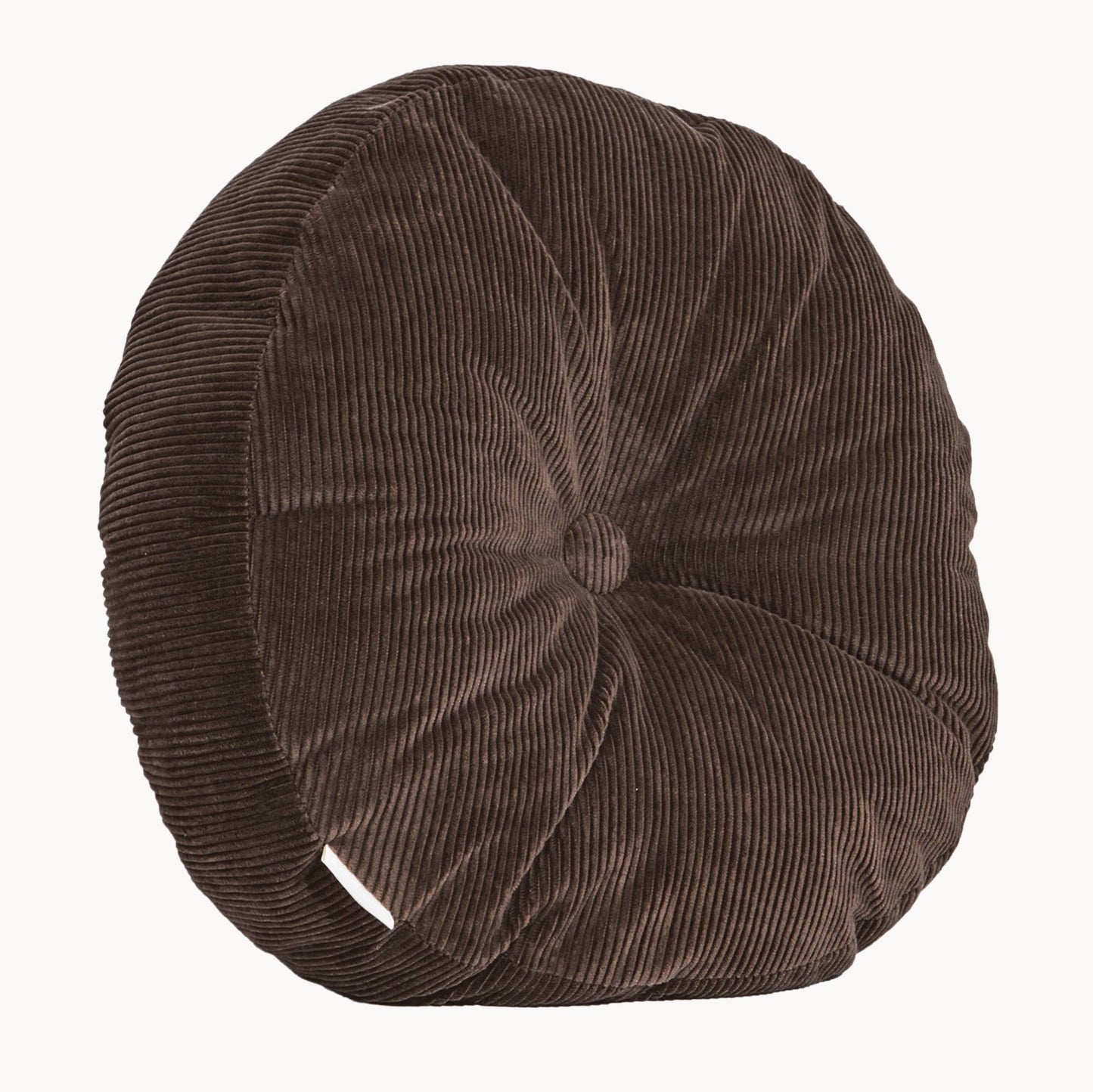 Brown cotton corduroy round cushion - handmade in UK