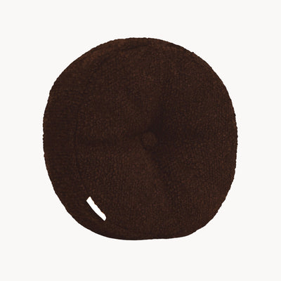 Brown wool bouclé round cushion - handmade in UK