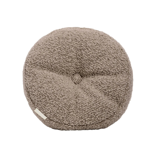 Beige wool bouclé round cushion - handmade in UK