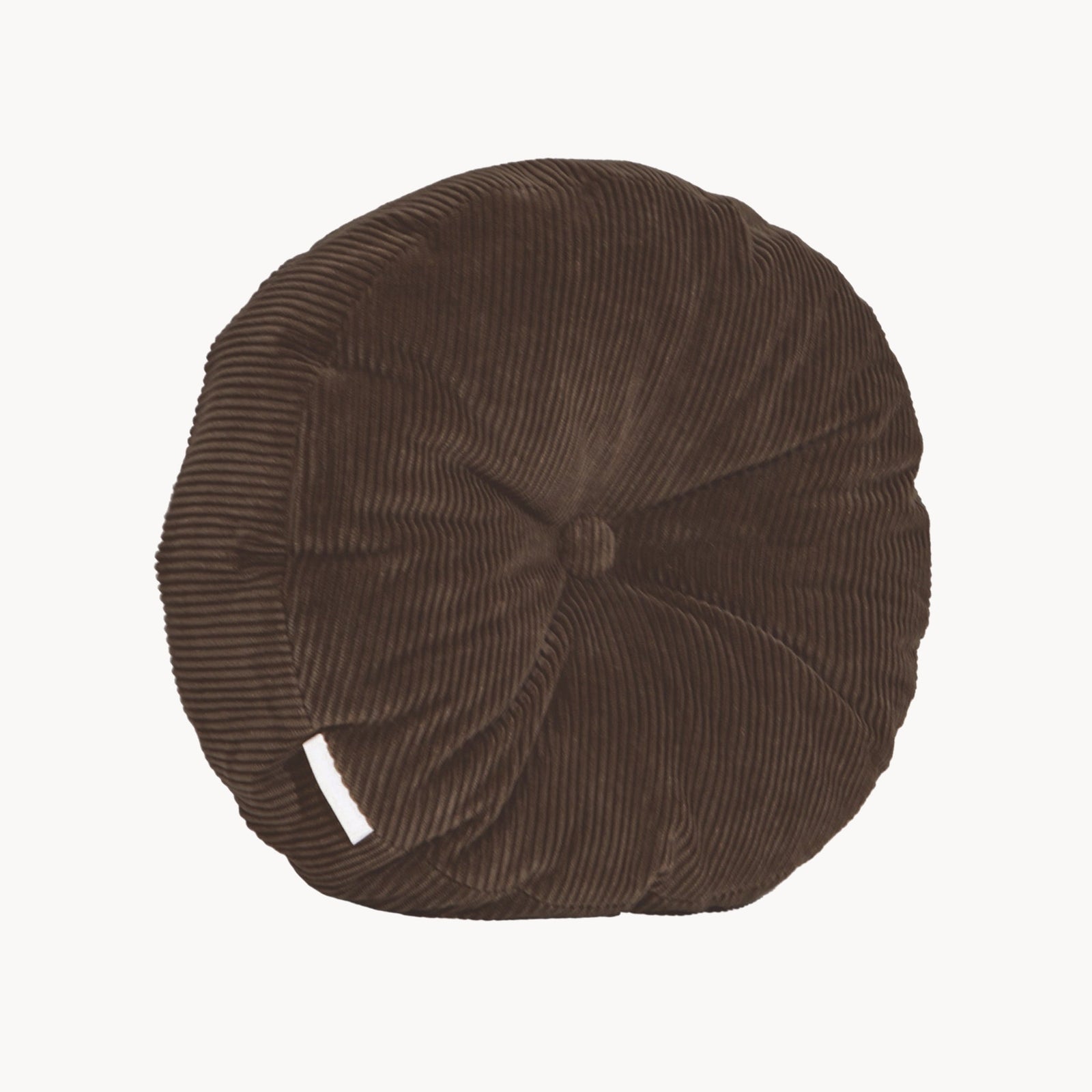 Brown cotton corduroy round cushion - handmade in UK