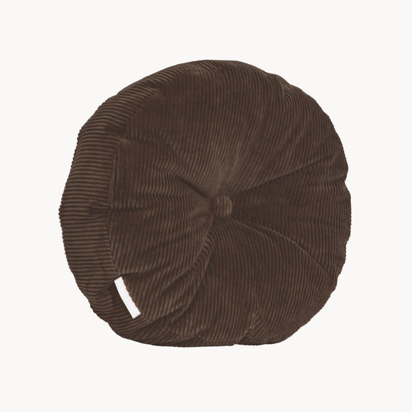 Brown cotton corduroy round cushion - handmade in UK