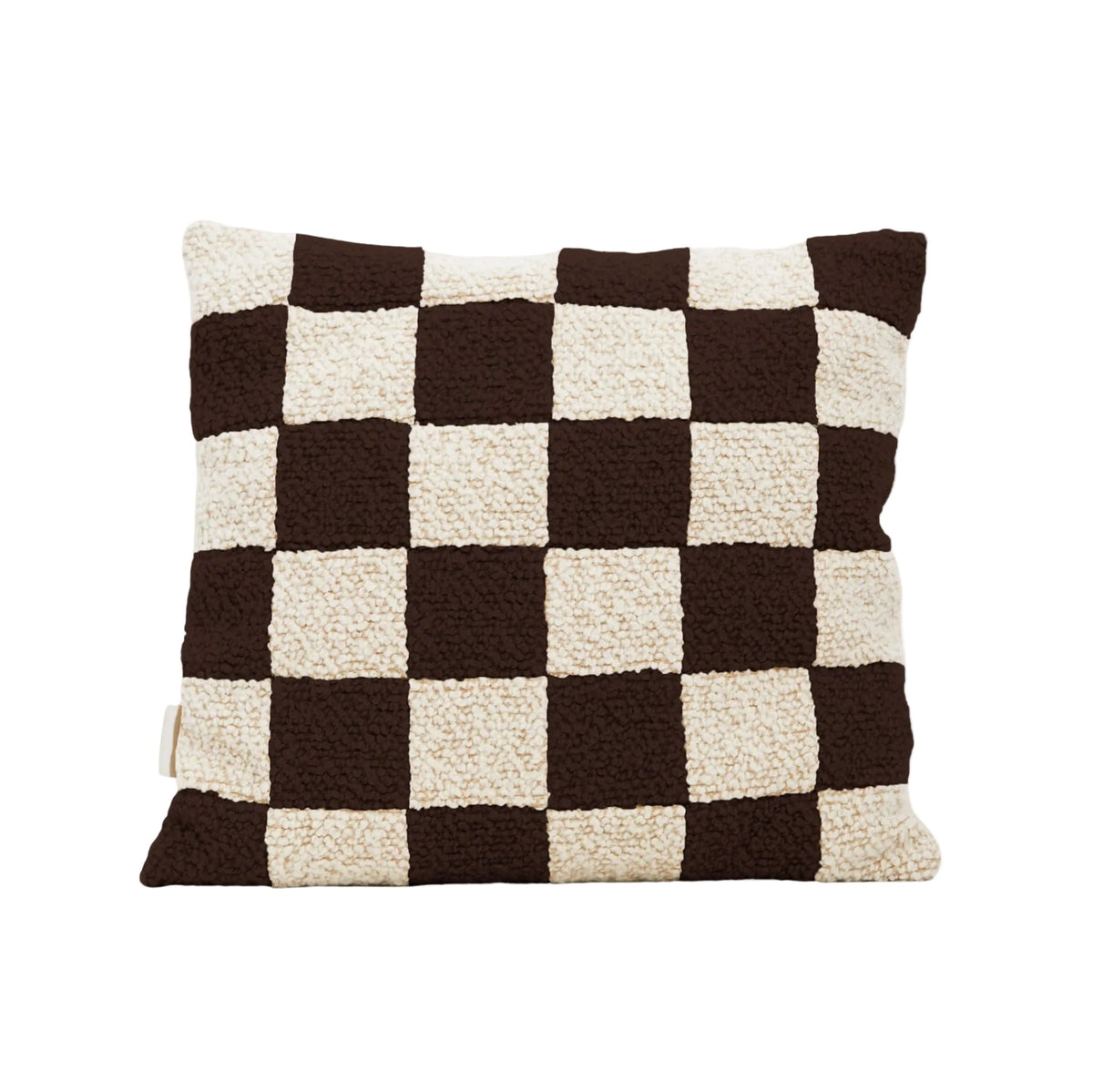Cream and brown wool bouclé checkered square cushion - handmade in UK