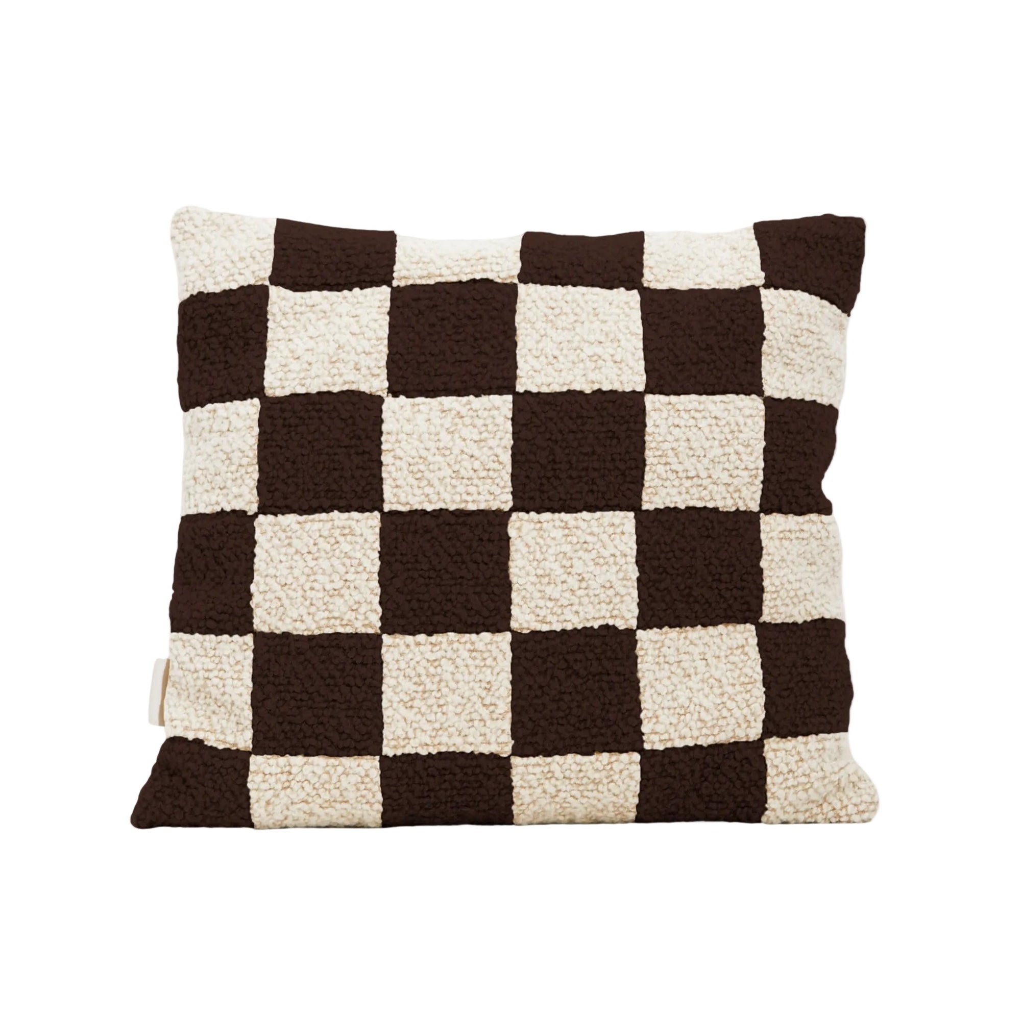 Cream and brown wool bouclé checkered square cushion - handmade in UK