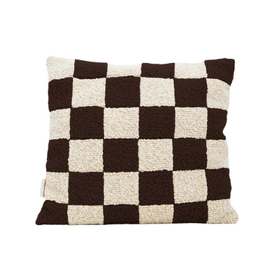 Cream and brown wool bouclé checkered square cushion - handmade in UK