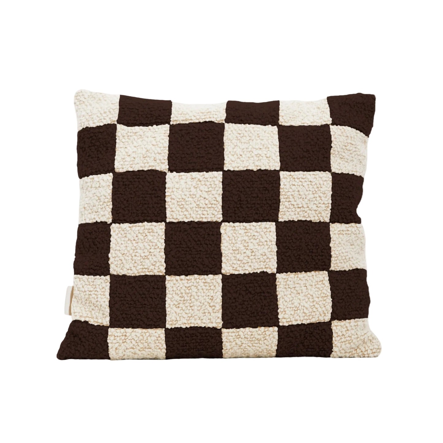 Cream and brown wool bouclé checkered square cushion - handmade in UK