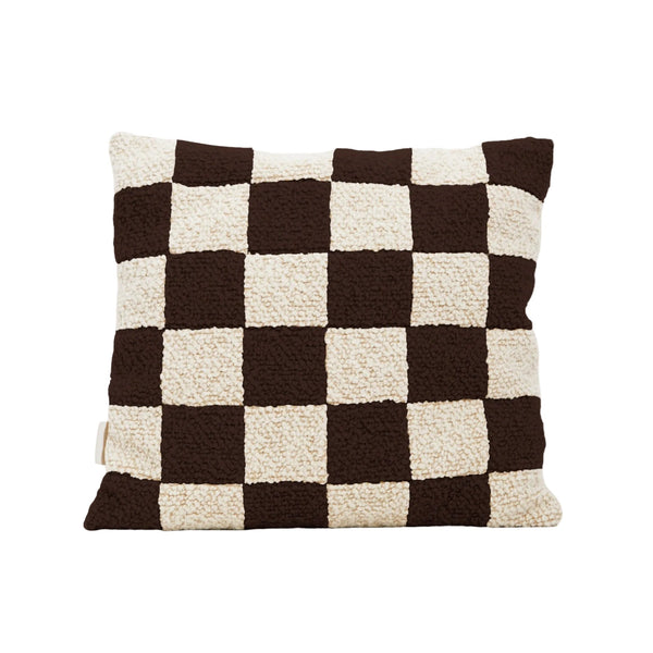 Cream and brown wool bouclé checkered square cushion - handmade in UK