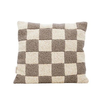 Cream and beige wool bouclé checkered square cushion - handmade in UK