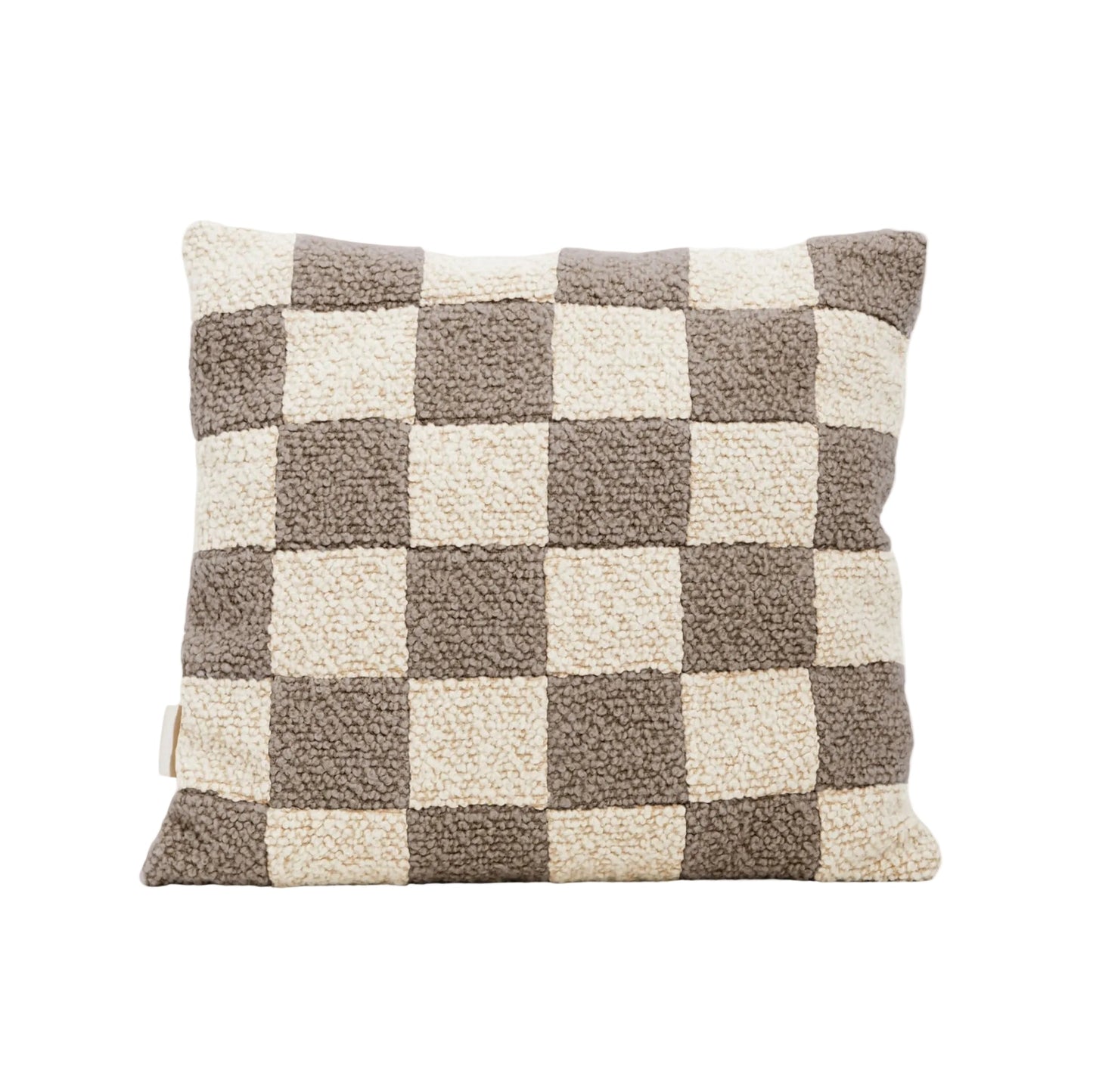Cream and beige wool bouclé checkered square cushion - handmade in UK