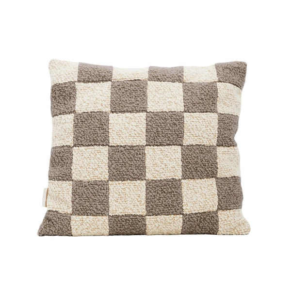 Cream and beige wool bouclé checkered square cushion - handmade in UK