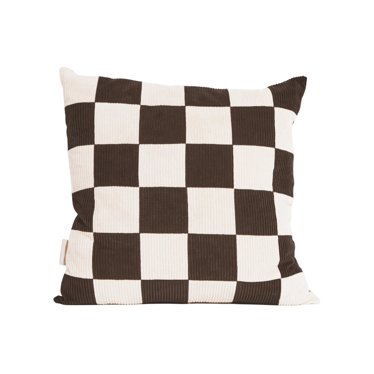 Cream and brown cotton corduroy checkered square cushion - handmade in UK