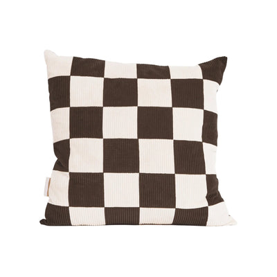 Cream and brown cotton corduroy checkered square cushion - handmade in UK