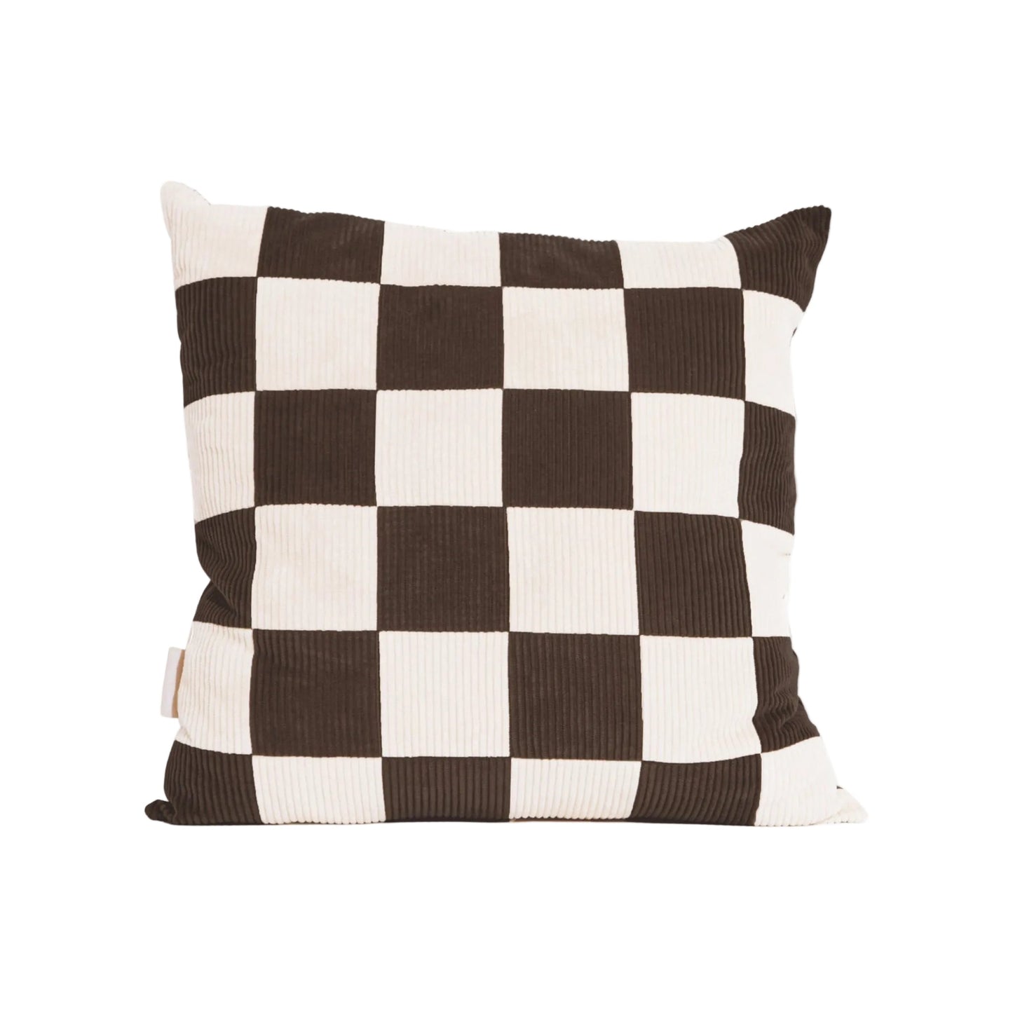 Cream and brown cotton corduroy checkered square cushion - handmade in UK