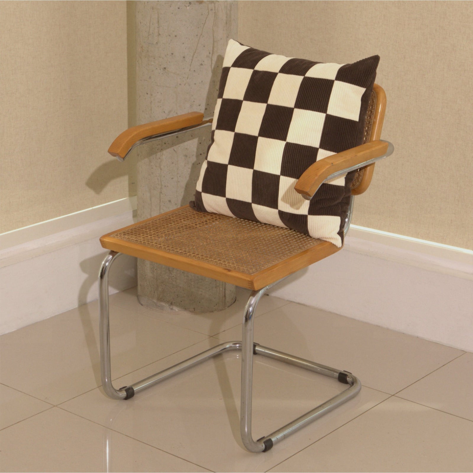Cream and brown cotton corduroy checkered square cushion on chair - handmade in UK