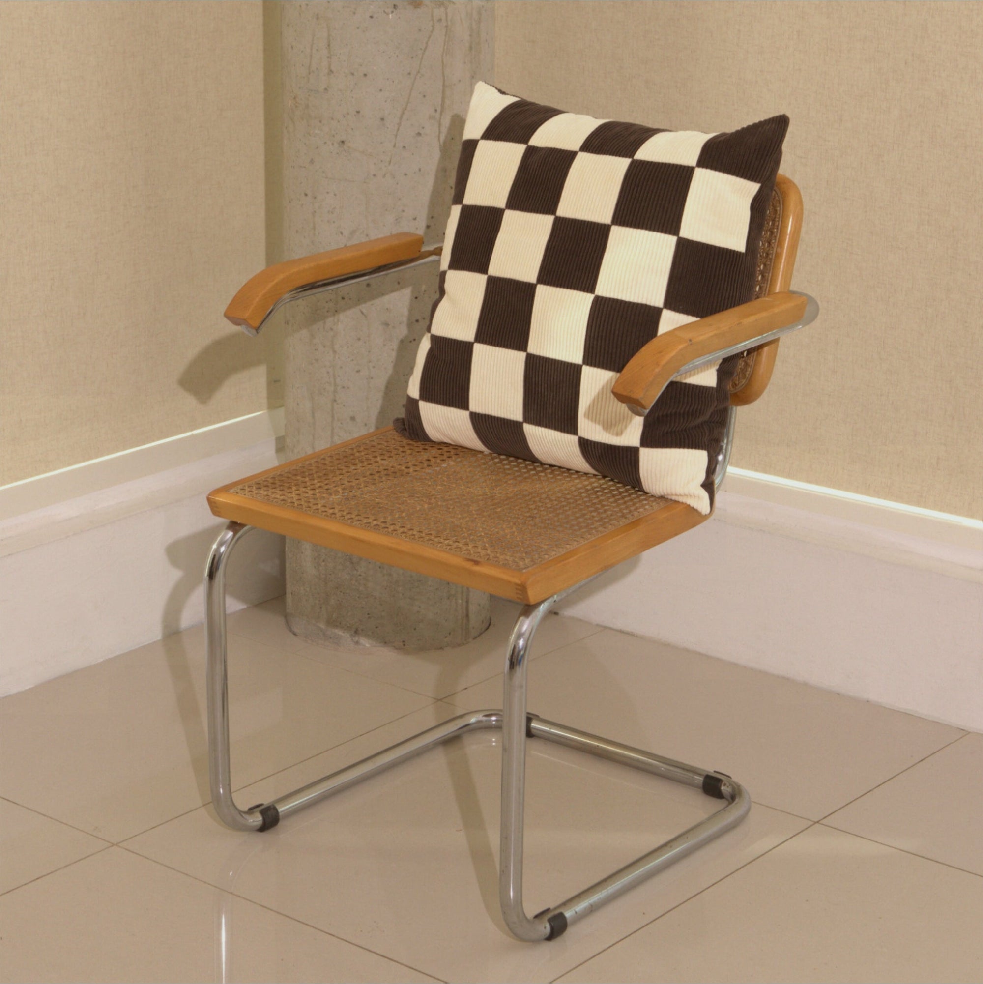 Cream and brown cotton corduroy checkered square cushion on chair - handmade in UK
