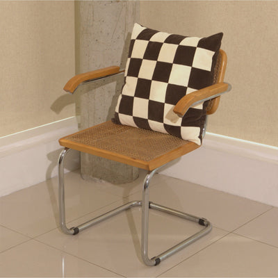 Cream and brown cotton corduroy checkered square cushion on chair - handmade in UK