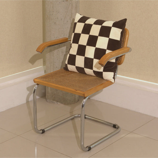 Cream and brown cotton corduroy checkered square cushion on chair - handmade in UK