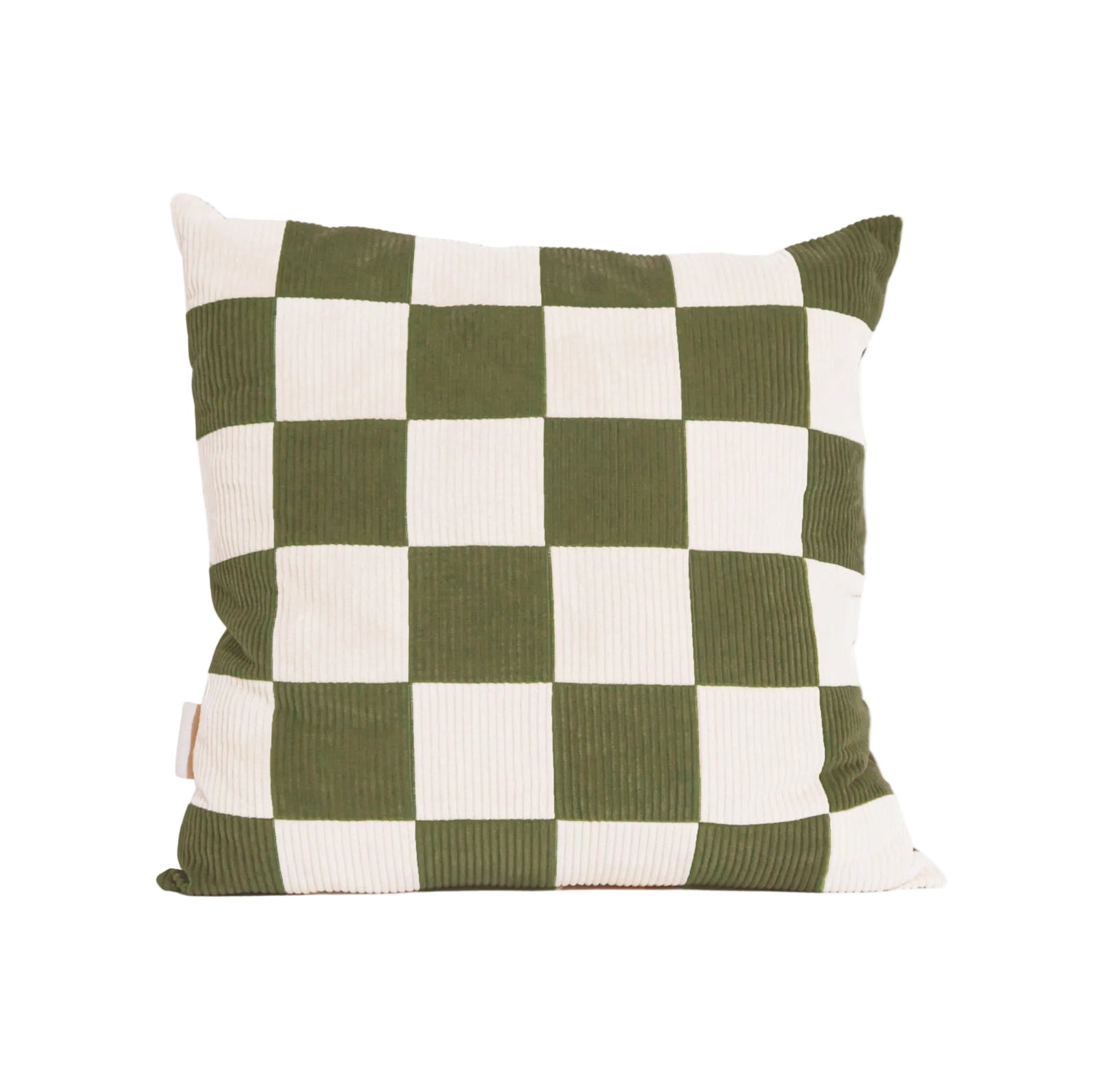 Cream and green cotton corduroy checkered square cushion - handmade in UK