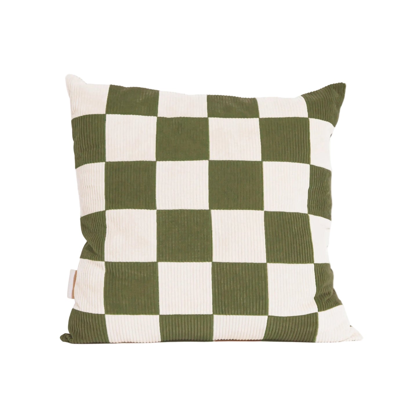 Cream and green cotton corduroy checkered square cushion - handmade in UK