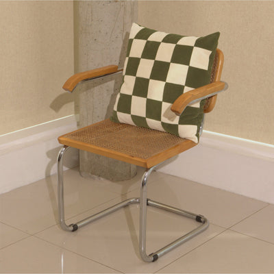 Cream and green cotton corduroy checkered square cushion on chair - handmade in UK