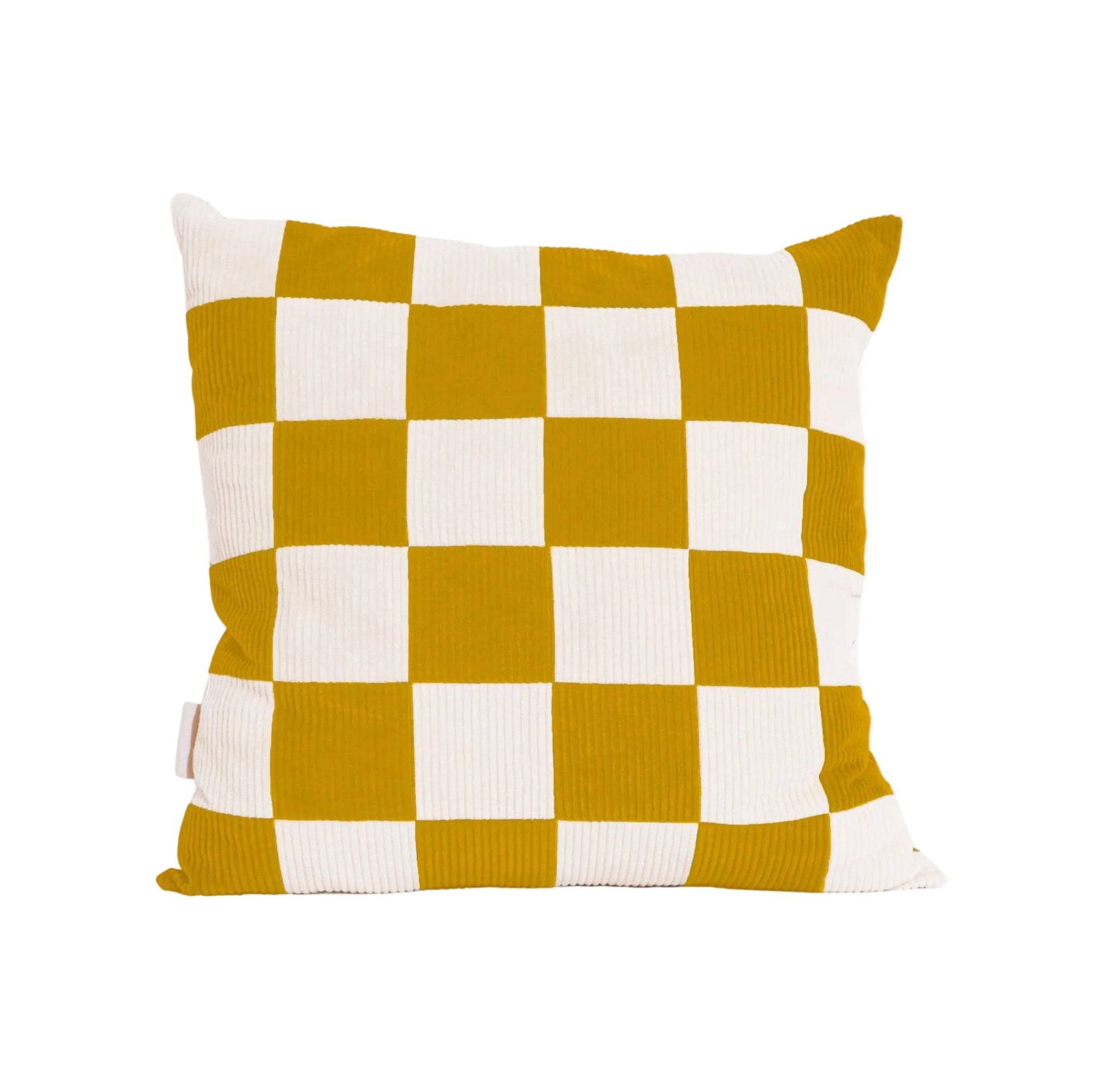 Cream and yellow cotton corduroy checkered square cushion - handmade in UK