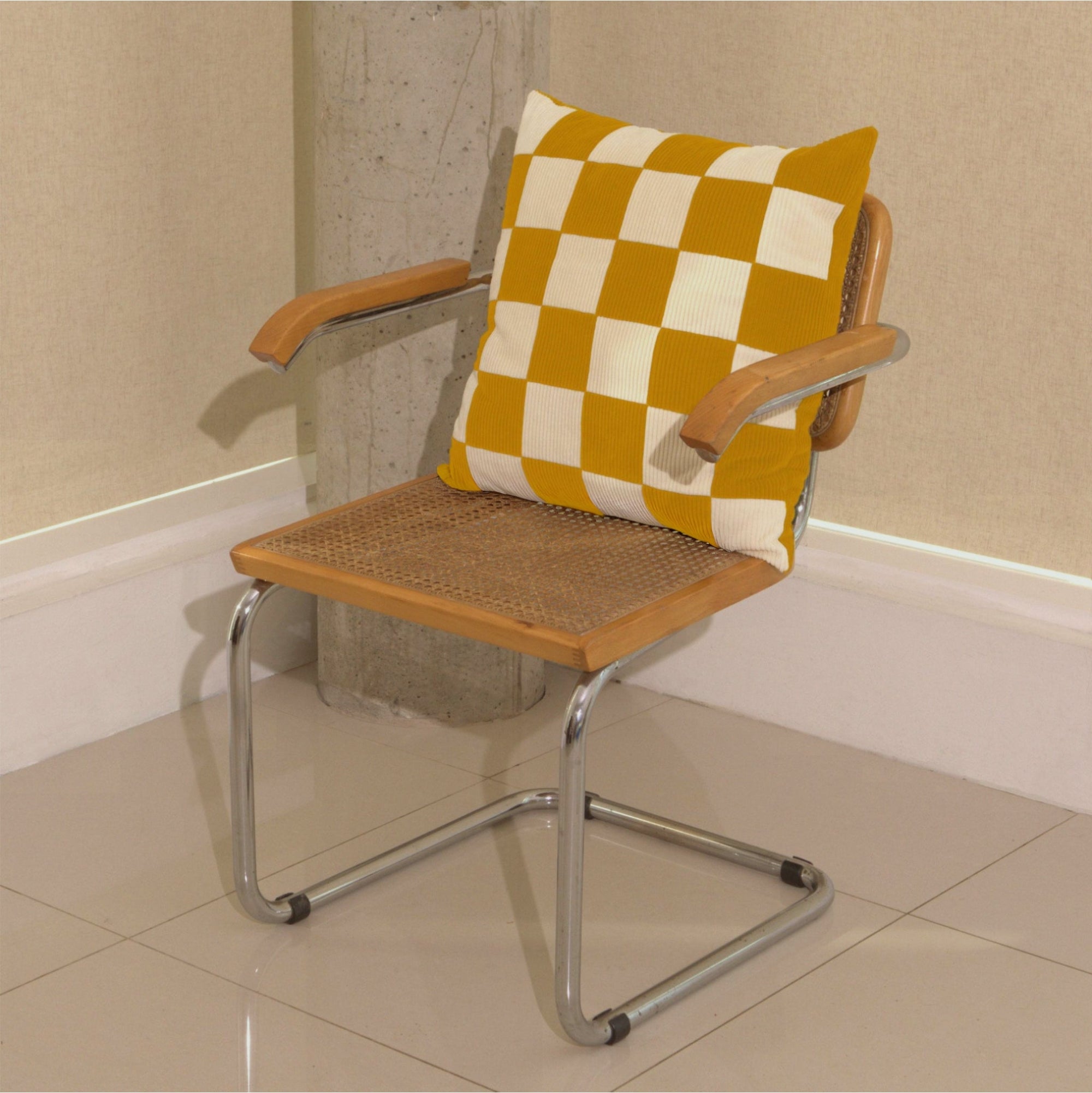 Cream and yellow cotton corduroy checkered square cushion on chair - handmade in UK