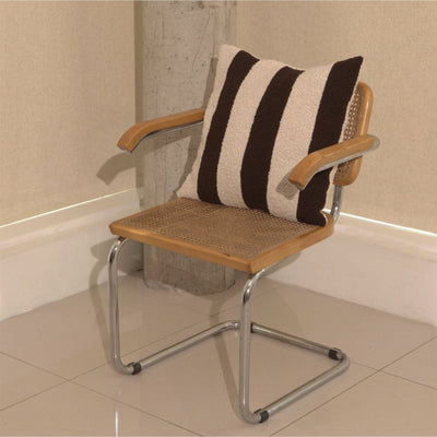 Cream and brown wool bouclé striped square cushion on chair - handmade in UK