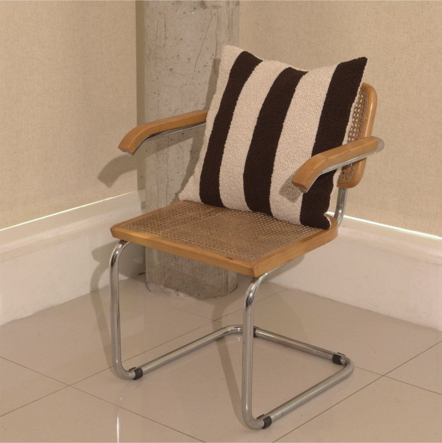 Cream and brown wool bouclé striped square cushion on chair - handmade in UK