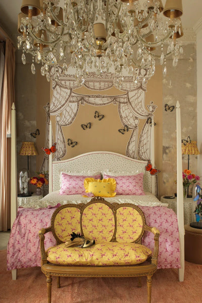 Embroidered Ruffle Cushion made with Linen Liberty Fabrics & Bridgerton Posy Corsage