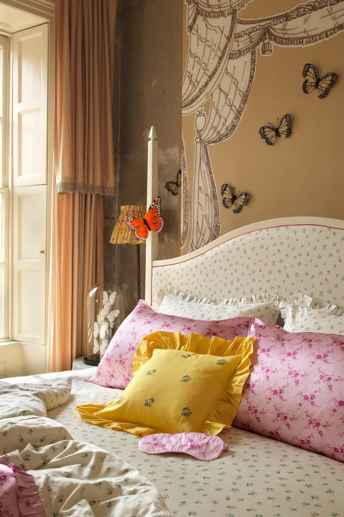 Embroidered Ruffle Cushion made with Linen Liberty Fabrics & Bridgerton Posy Corsage