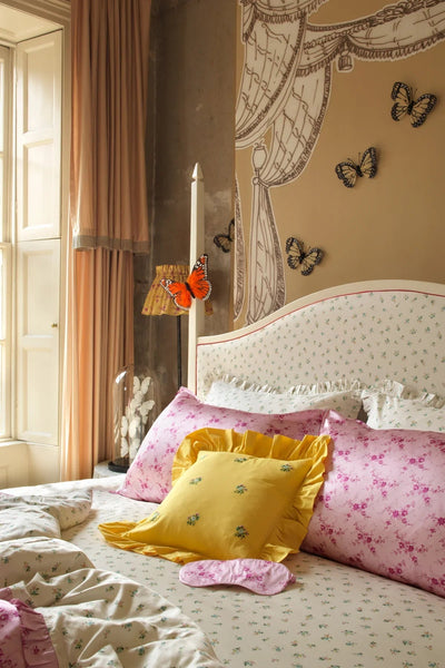 Embroidered Ruffle Cushion made with Linen Liberty Fabrics & Bridgerton Posy Corsage