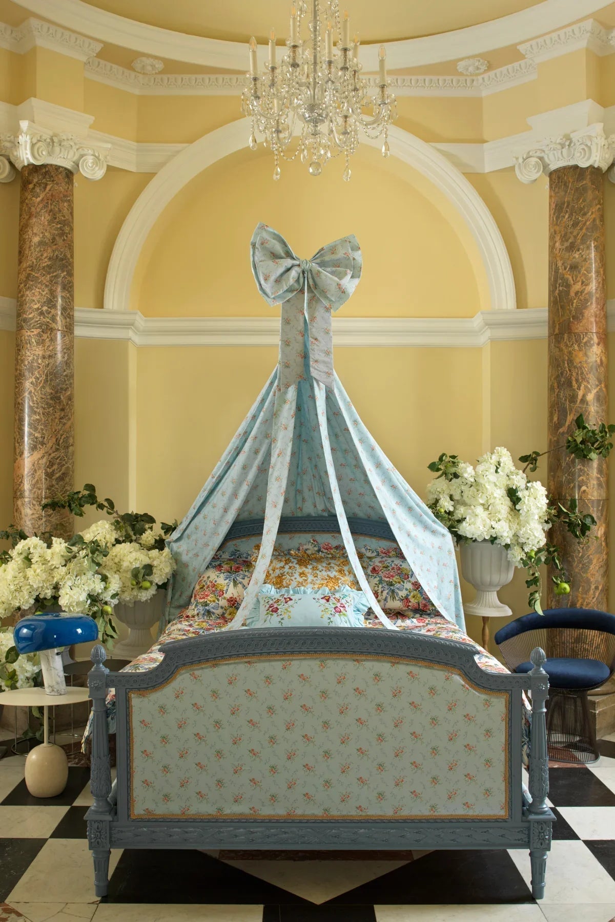 Ruffle-Edge Embroidered Oblong Cushion made with Linen Liberty Fabrics & Bridgerton Sky Blue & Garden Blooms