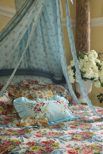 Reversible Ruffle-Edge Heirloom Quilt Made With Liberty Fabrics & Bridgerton Bow Bouquet Blue & Regency Trail China Blue