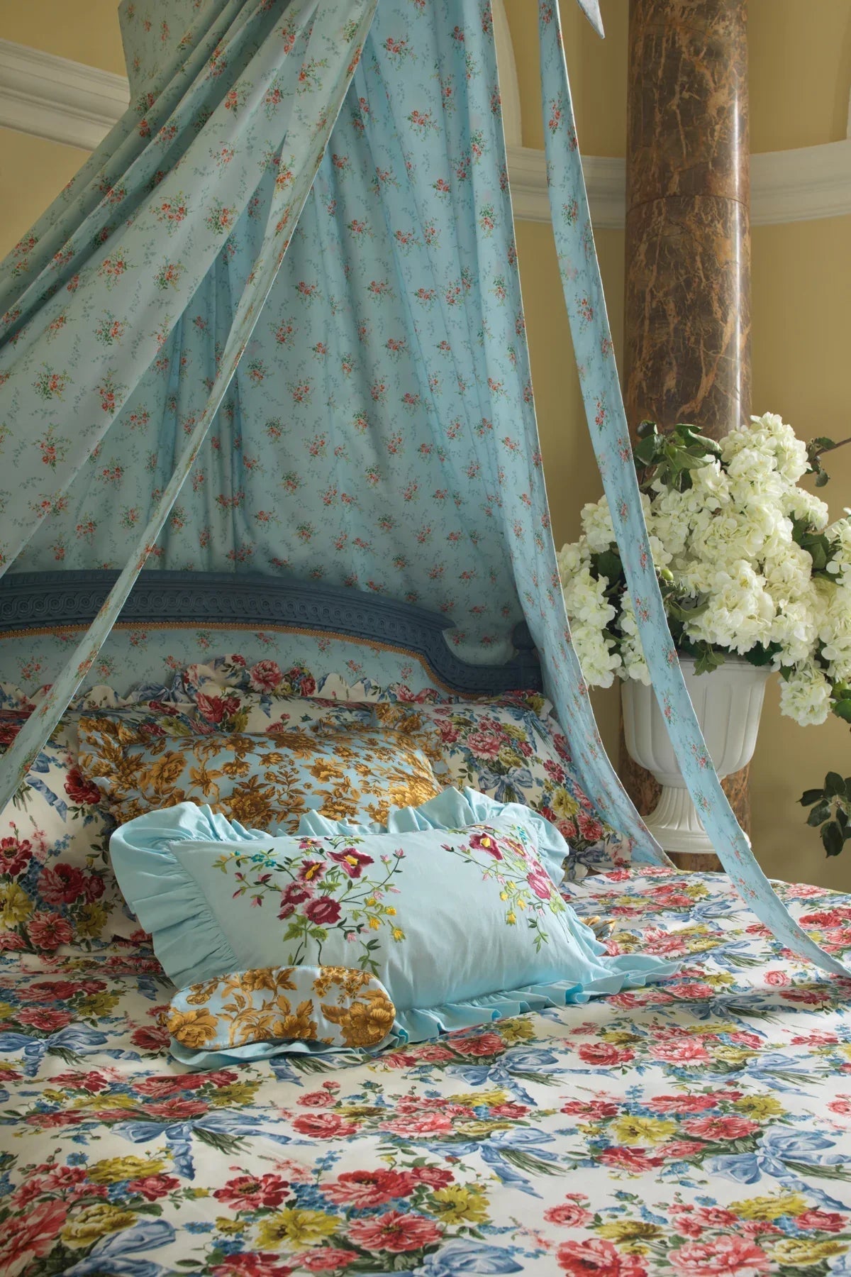 Ruffle-Edge Embroidered Oblong Cushion made with Linen Liberty Fabrics & Bridgerton Sky Blue & Garden Blooms